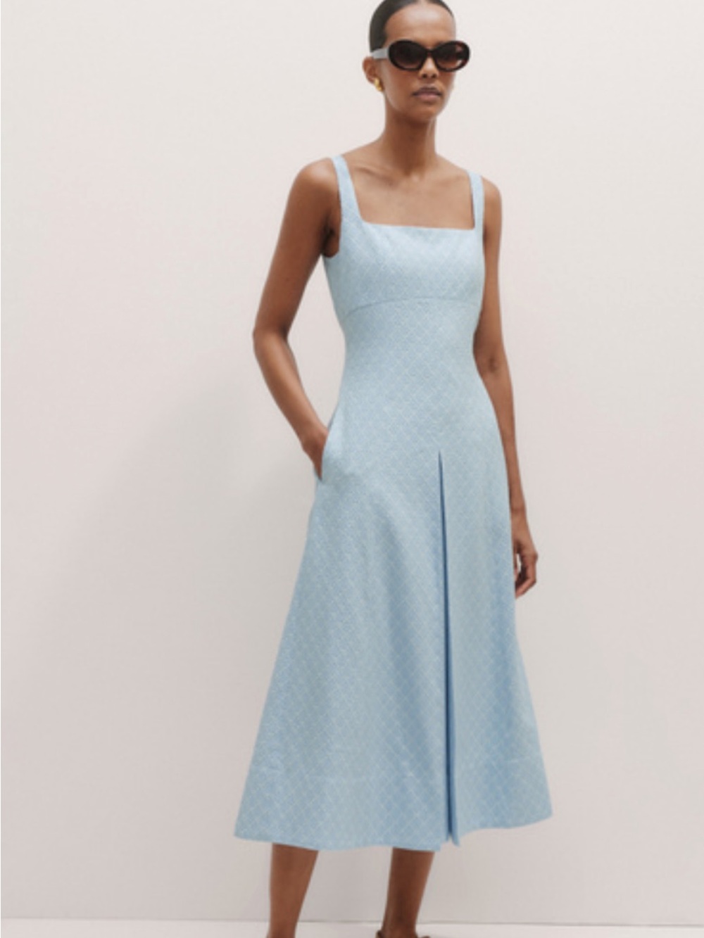 ME+EM Chambray Blue Jacquard Fit-and-Flare Midi Dress